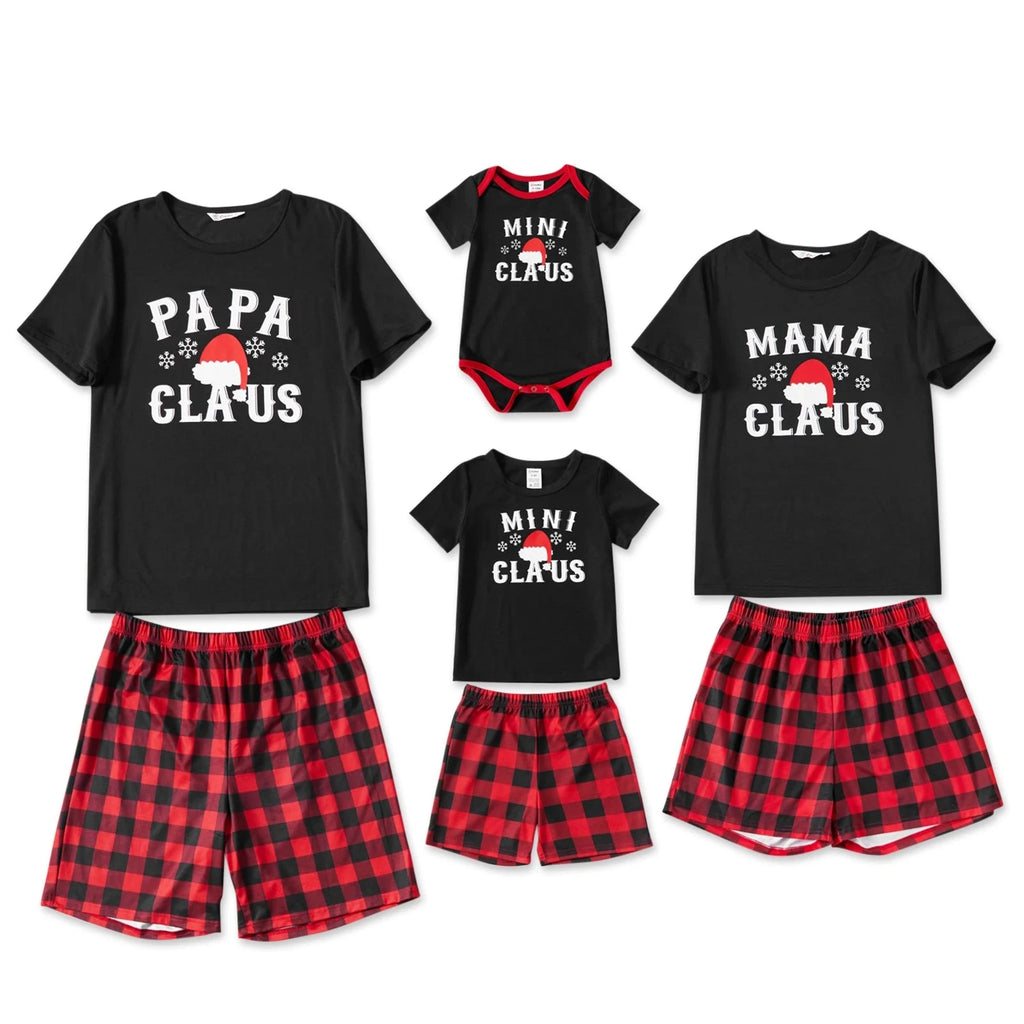 Family Matching Hat and Letter Print Black Short-Sleeve Plaid Pyjamas Sets