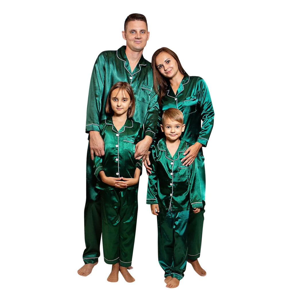 Luxurious satin pyjamas for family holiday lounging
