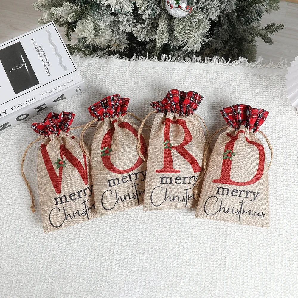 Burlap Initials Plaid Santa Sack