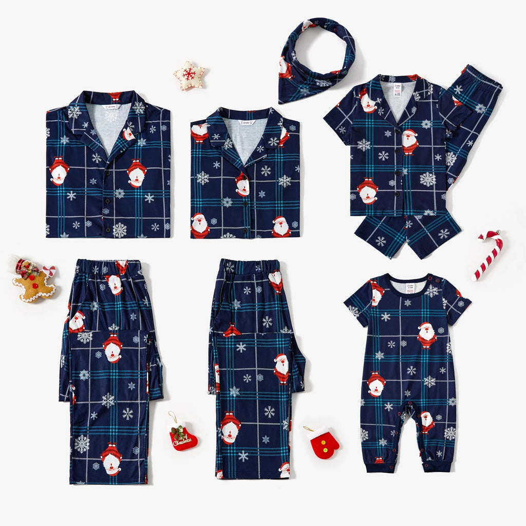 Family Matching Santa and Snowflake Print Notched Collar Button-Down Shirt and Pants Pyjamas Sets