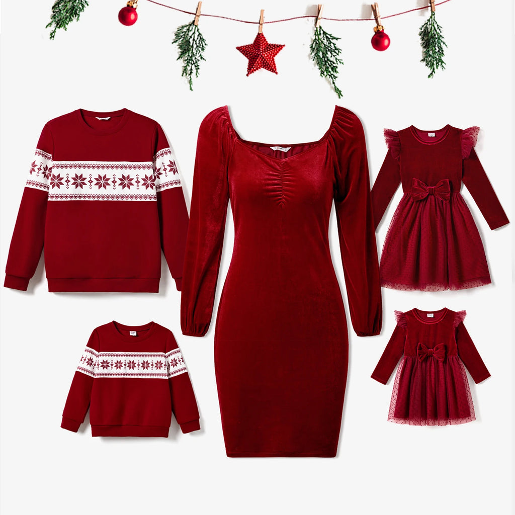 Family Matching Long Sleeve Colour-Block Tops and Velvet Dresses Sets