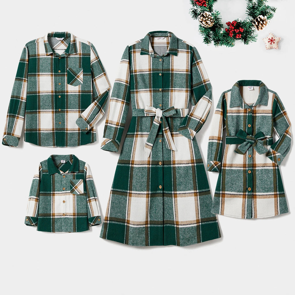 Family Matching Casual Grid and Houndstooth Long Sleeve Tops and Belted Dresses Sets