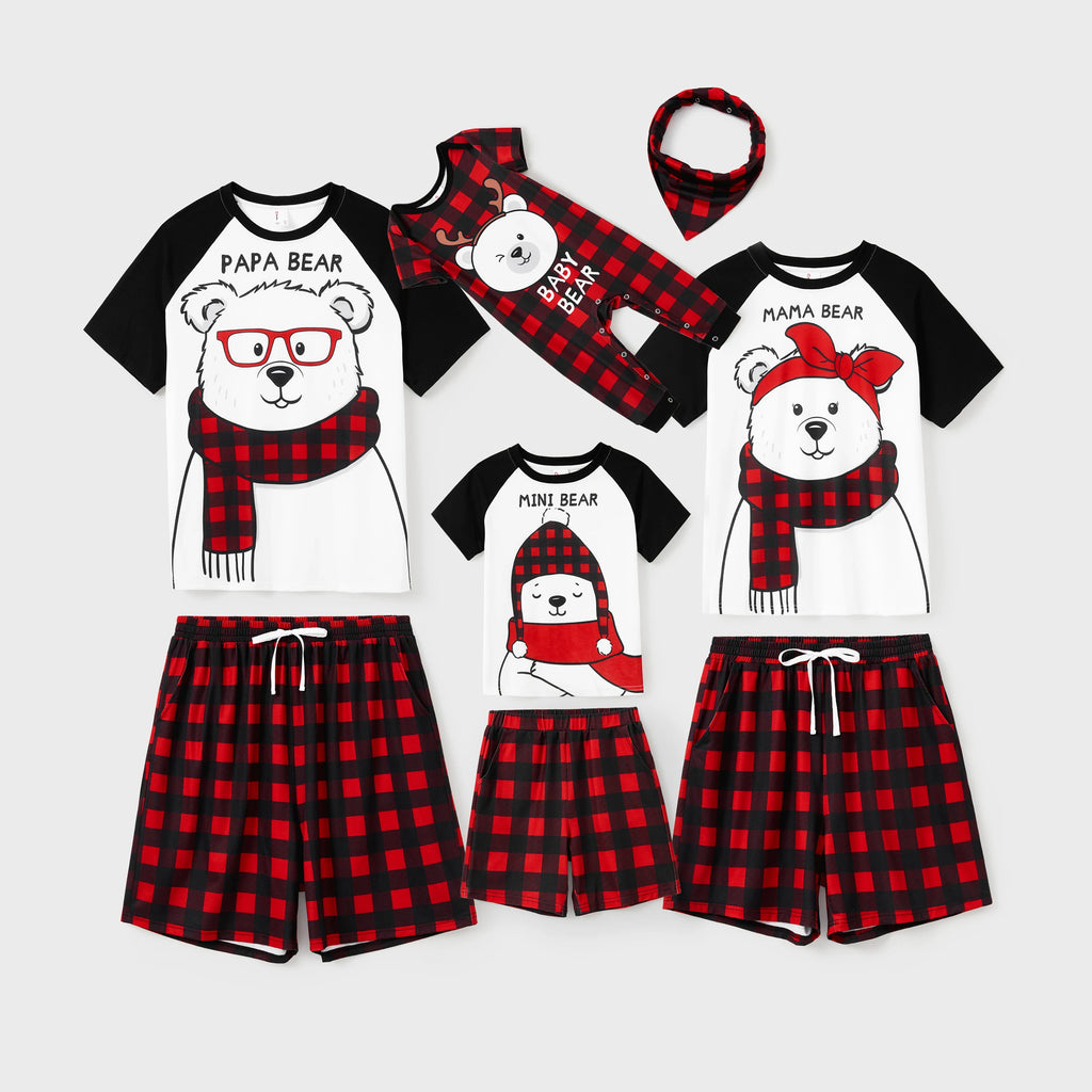 Family Matching Christmas Bear Raglan Short Sleeve Top and Plaid Shorts Pyjamas Sets