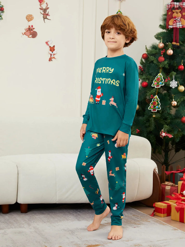 Matching holiday pyjamas with Santa sleigh print