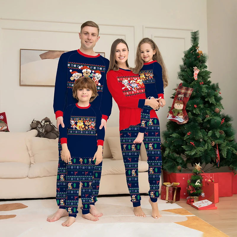 Dog-themed pyjama set for families in blue and red